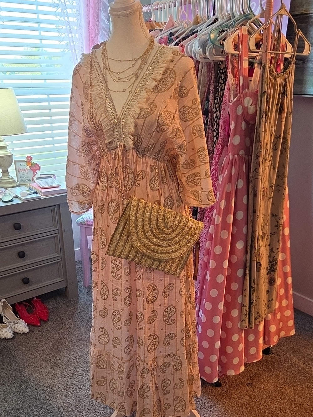 Dusty Pink/ Peach Paisley Boho Maxi Dress with Tassel Waist